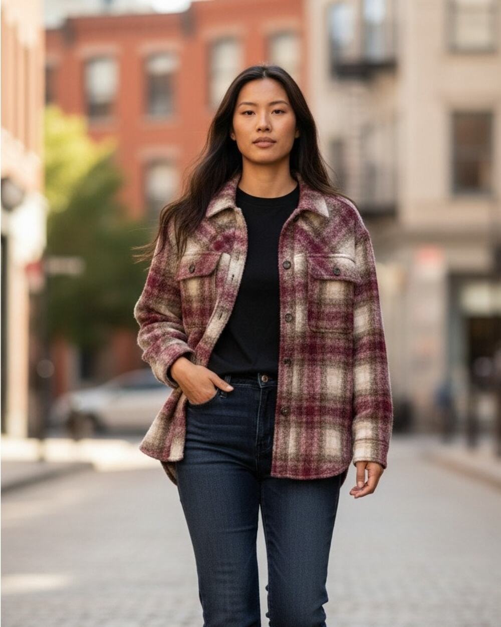LA Hearts Women's Red Plaid Button Up Jacket M/L Long Sleeve Shacket